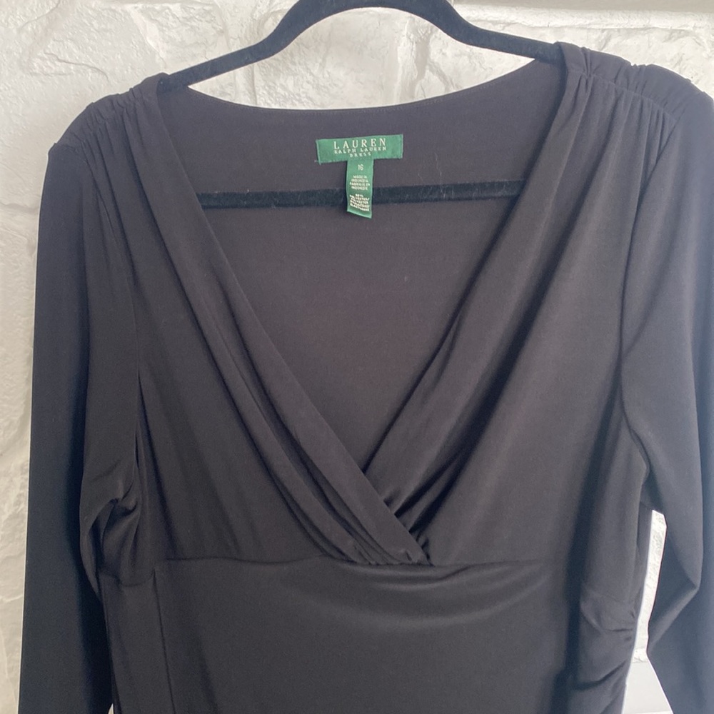 Lauren Ralph Lauren Dress 16 black v neck gathered on the side - Picture 5 of 12